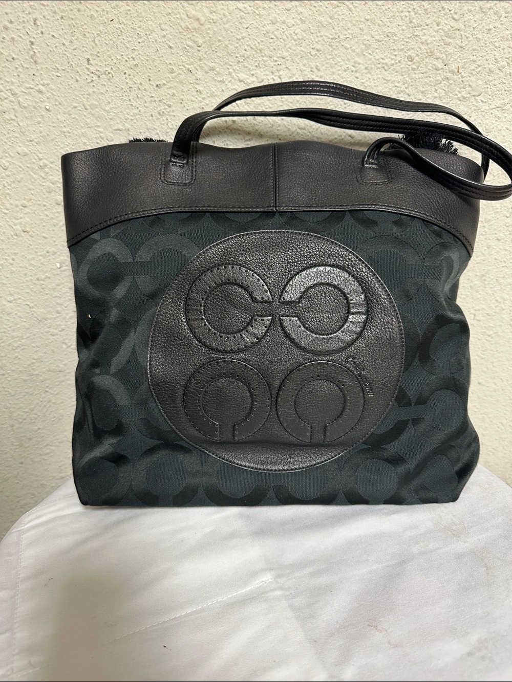 Coach Black Signature Canvas Tote with Leather Emblem